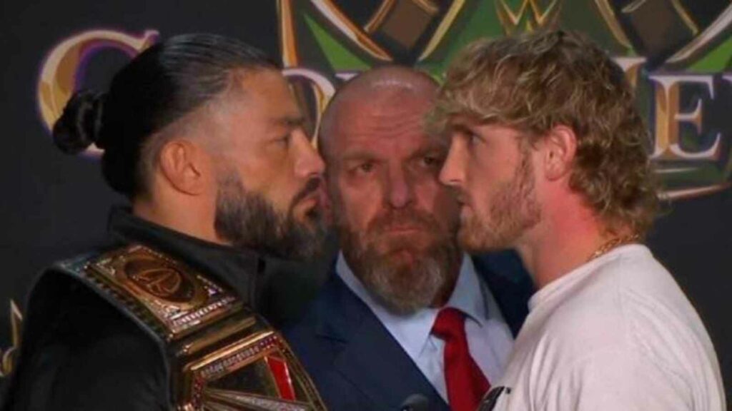 Roman Reigns and Logan Paul at Press Conference of Crown Jewel