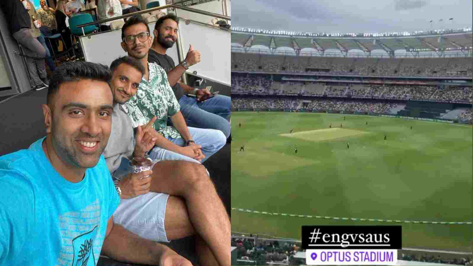 R Ashwin, Harshal Patel, Yuzi Chahal, & Dinesh Karthik enjoying 1st T20I between Australia and England; see pic