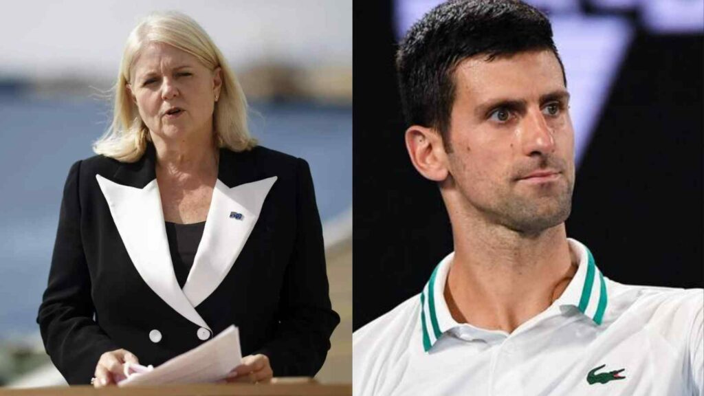 Australian Home Affairs Minister Karen Andrews (L) and Novak Djokovic