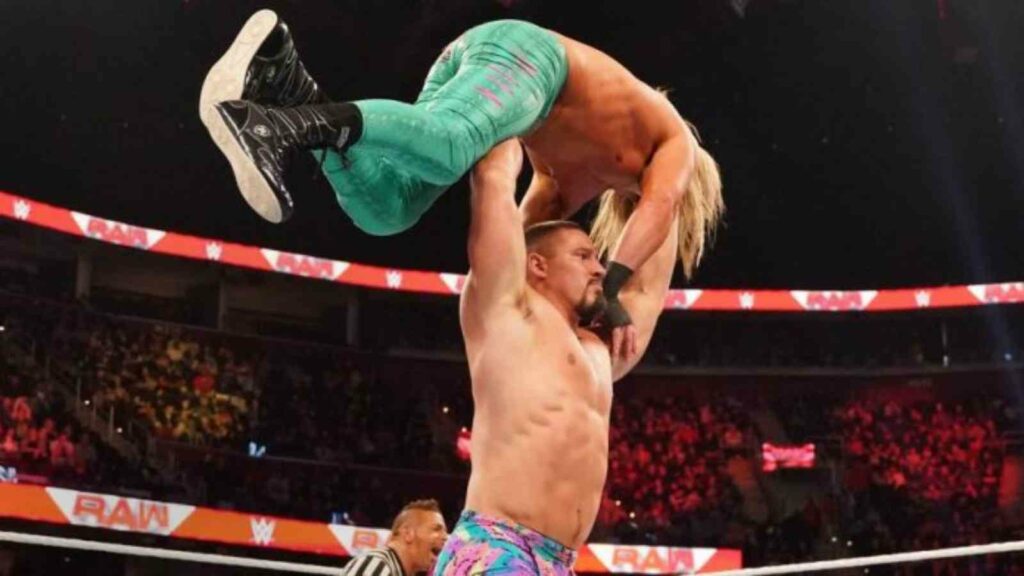 Bron Breakker lifting Dolph Ziggler on an edition of RAW