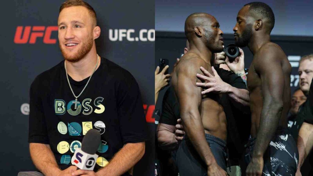 Justin Gaethje (L), Kamaru Usman and Leon Edwards (L-R)