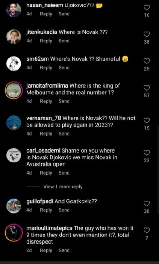 Comments under the Australian Open Instagram post