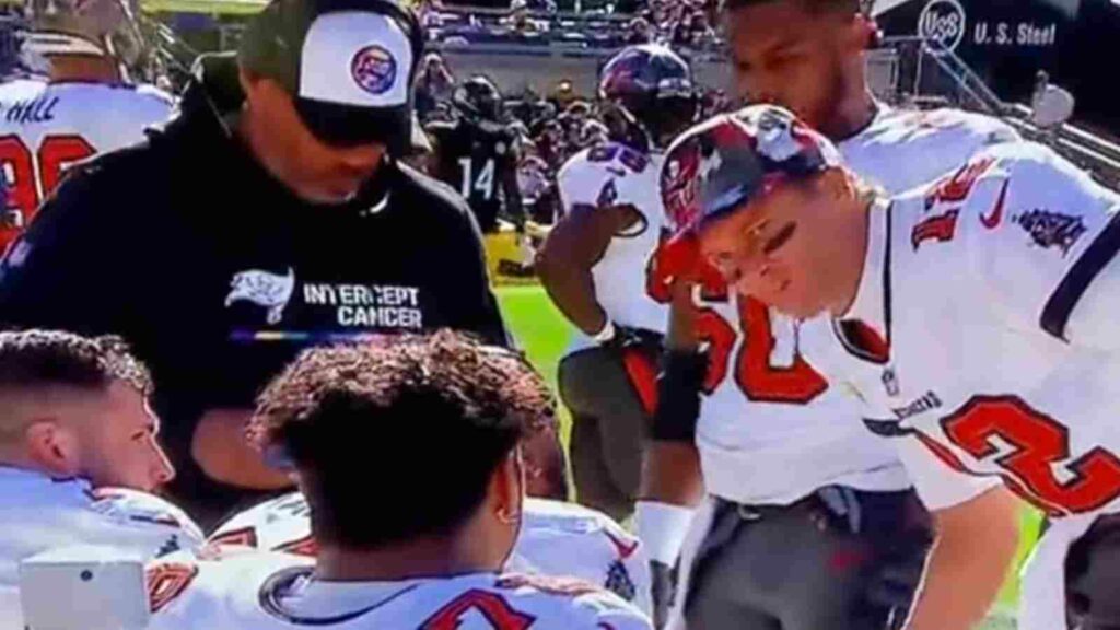 Tom Brady shouting at the offensive line