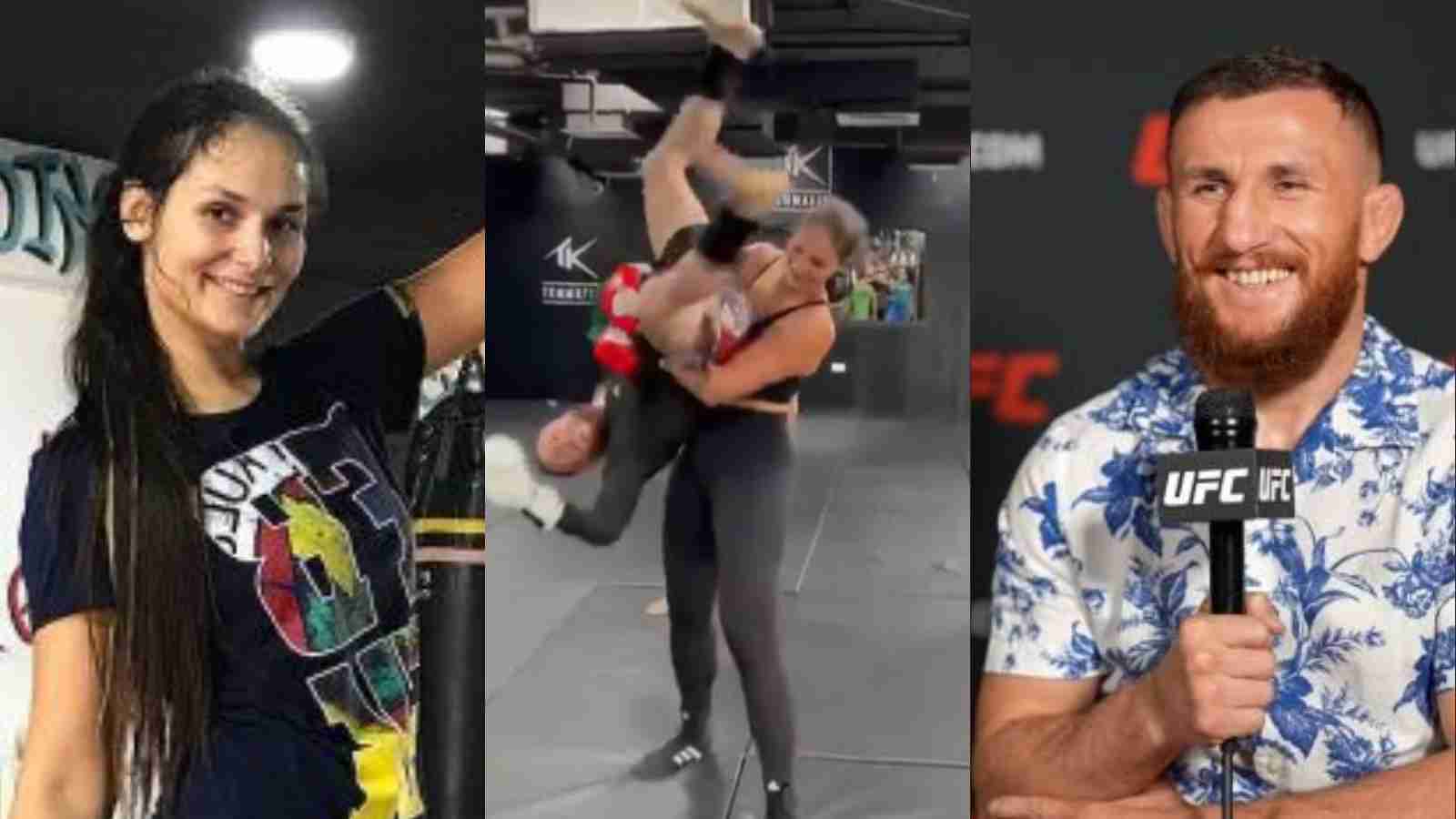 “She swept him off his feet” – WATCH: 5 ft 6 UFC contender Merab Dvalishvili hilariously struggles against 6 ft 4 female kickboxer