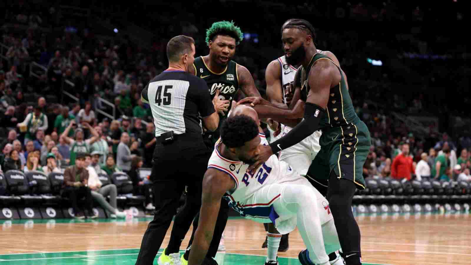 “Never dare touch my brother” Jaylen Brown sends Joel Embiid to the ground after he tried injuring Marcus Smart on purpose