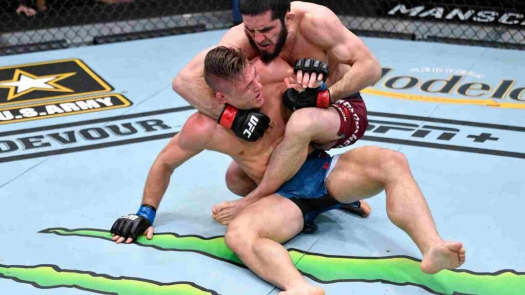 Islam Makhachev (on top) in action against Drew Dober