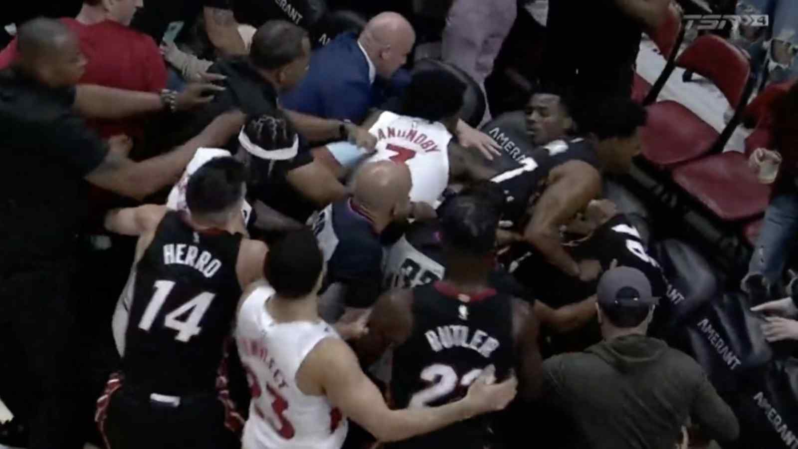 “That takedown is clean AF” Caleb Martin brutally ‘spears’ Christian Koloko into courtside side in wild ‘double-ejection’ during Heat vs Raptors