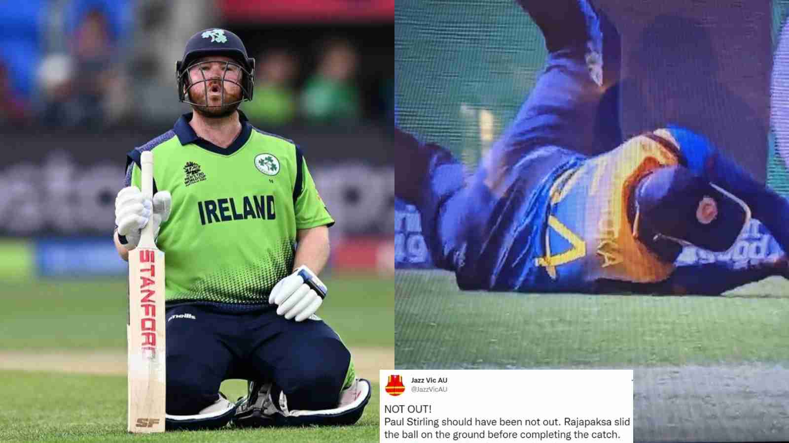 “NOT OUT! Rajapaksa slid the ball on the ground!!- Twitterati slams umpires for not checking Paul Stirling’s catch