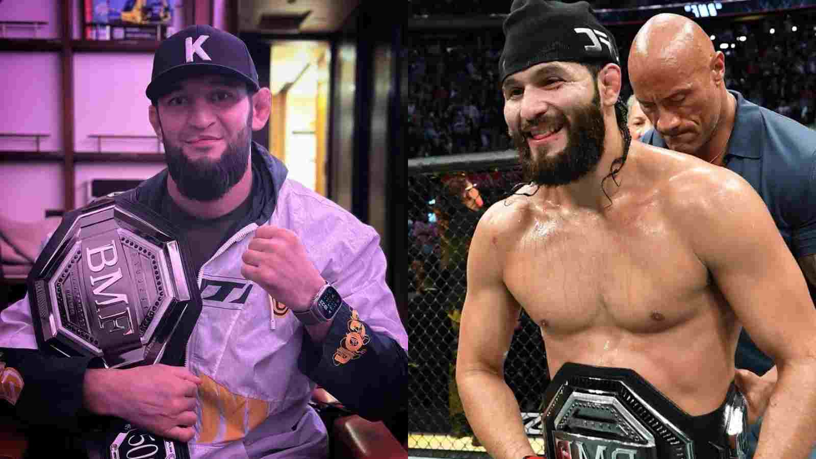 “Khamzat eat Masvidal for breakfast” – Fans react to Khamzat Chimaev posing with BMF belt following his brawl with Khabib Nurmagomedov team