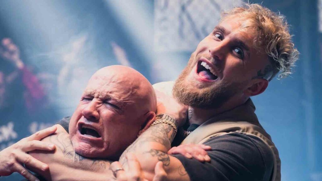 A still from a music video Jake Paul (R) posted, where he seemingly tries to choke out an actor posing as Dana White 