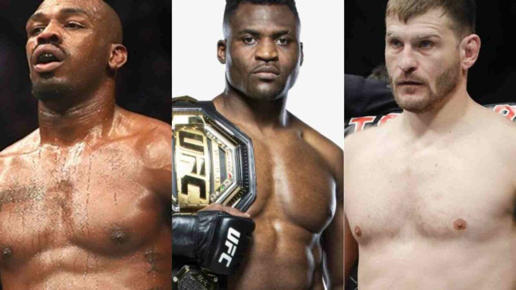 Jon Jones (L), Francis Ngannou (C) and Stipe Miocic (R)