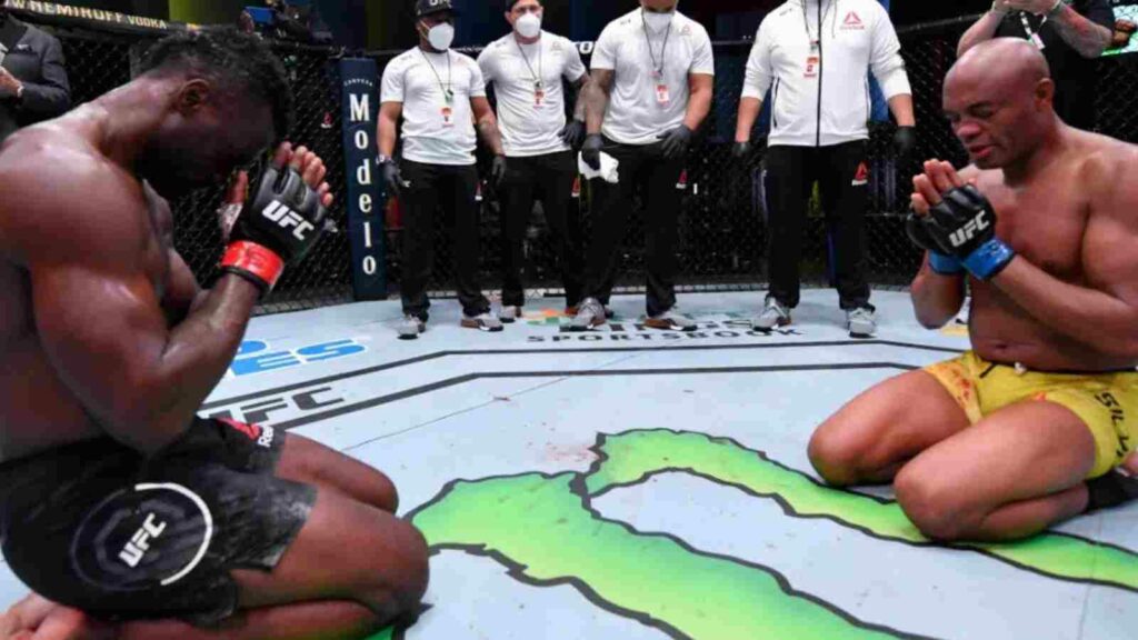 Uriah Hall (L) pays his respects to Anderson Silva (R) after their bout in the UFC in 2020