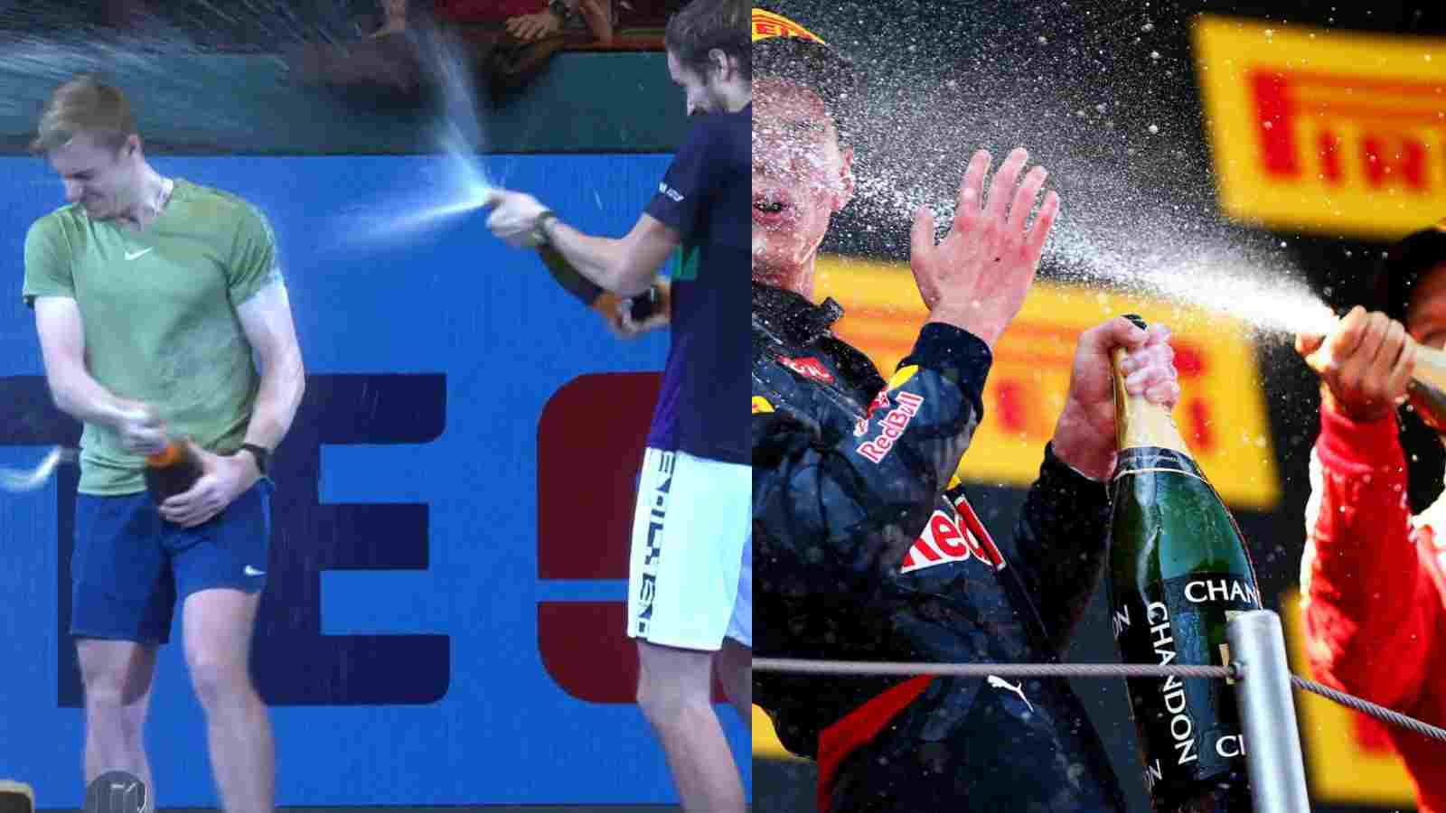 Taking inspiration from F1, Daniil Medvedev and Denis Shapovalov celebrate their success at Vienna spraying champagne