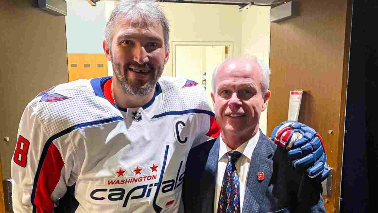 Alex Ovechkin gets acknowledged by Mark Howe after tying Mr. Hockey’s single team goal record