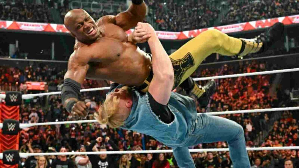 Brock Lesnar delivering a German Suplex to Bobby Lashley on Raw 