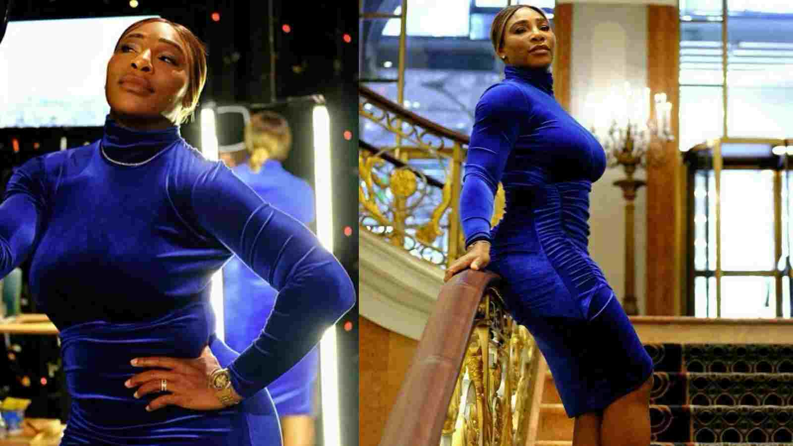 Serena Williams turns glamorous in a blue velvet dress from the upcoming collection of her fashion brand