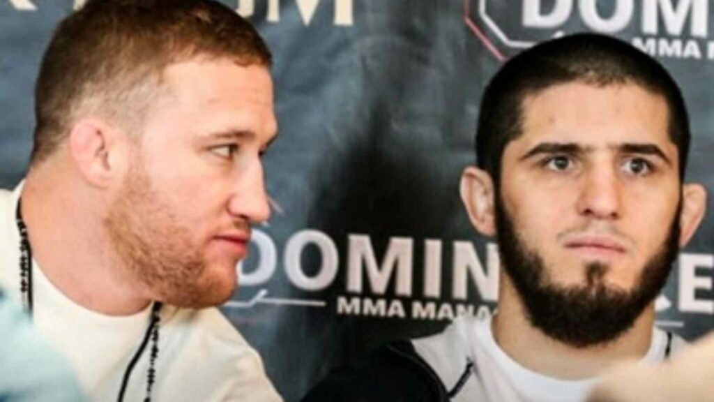 Justin Gaethje (L) and lightweight champion Islam Makhachev (R)