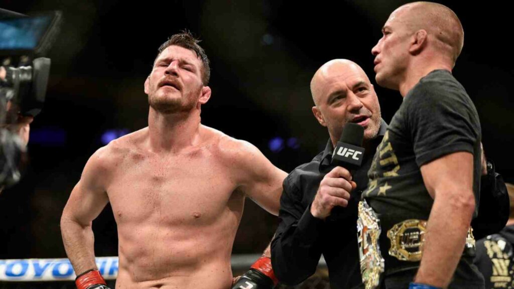 Shortly after becoming the middleweight champion, Michael Bisping (L) lost his title to Georges St-Pierre (R) in 2017