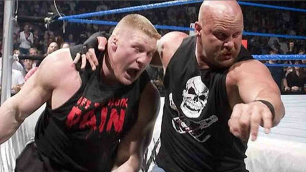 Brock Lesnar and Stone Cold Steve Austin during their brawl in 2004 before WrestleMania 20 (Image Credits- Cageside seats)