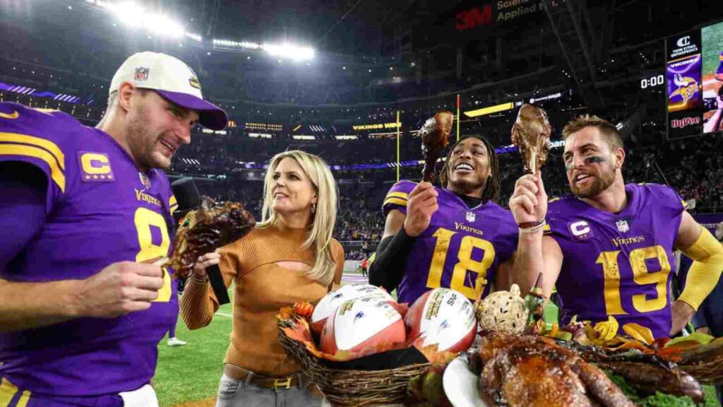 Minnesota Vikings QB Kirk Cousins (8), wide receiver Justin Jefferson (18), and wide receiver Adam Thielen (19) celebrate the win against the New England Patriots. (Image via IMAGO / USA TODAY Network)