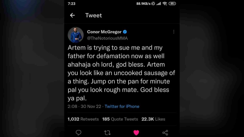 Conor McGregor Artem deleted tweet