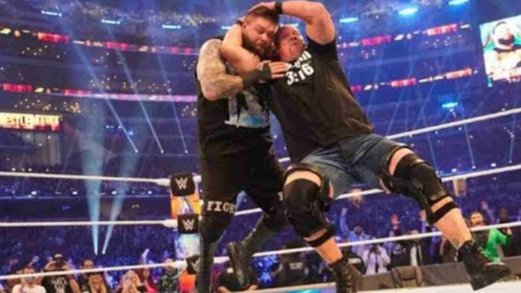 Stone Cold Steve Austin stuns Kevin Owens at WrestleMania 38 (Image Credits- Defector)