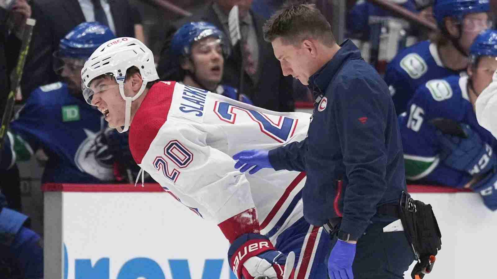 WATCH: Arber Xhekaj FURIOUS as Luke Schenn DEMOLISHES Habs rookie Juraj Slafkovsky with huge hit, NHL Twitter reacts