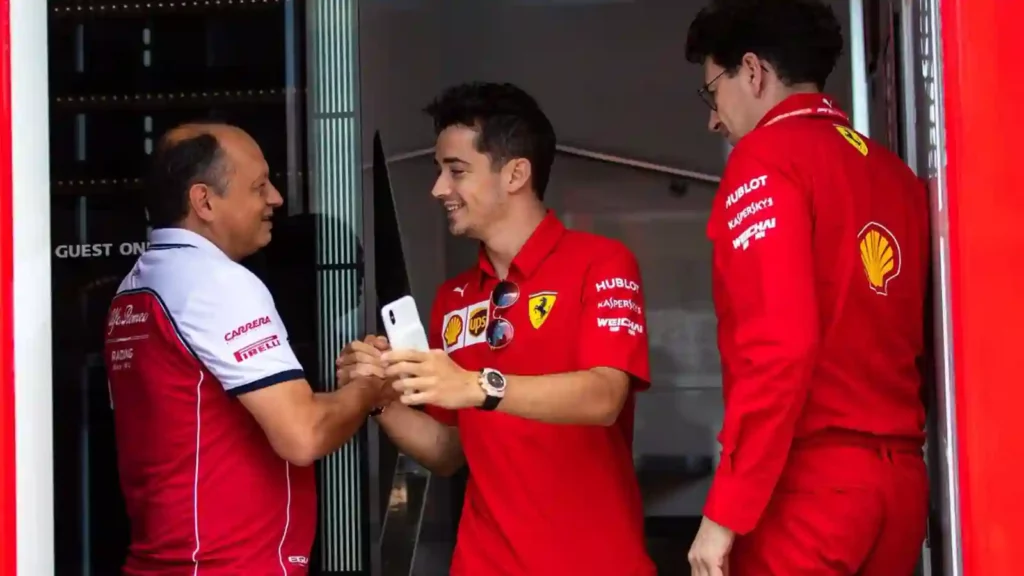 Frederic Vasseur (L) Charles Leclerc (C) Mattia Binotto (R)