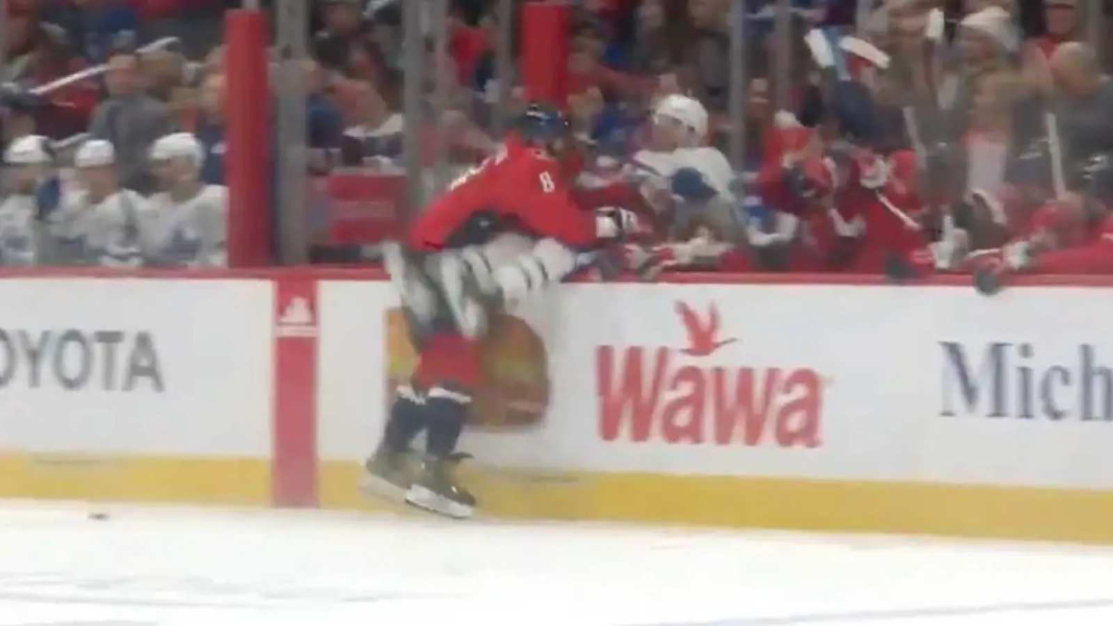 <strong>WATCH: Alex Ovechkin DEMOLISHES Conor Timmins over boards as Capital One Arena shrieks, NHL Twitter reacts</strong>