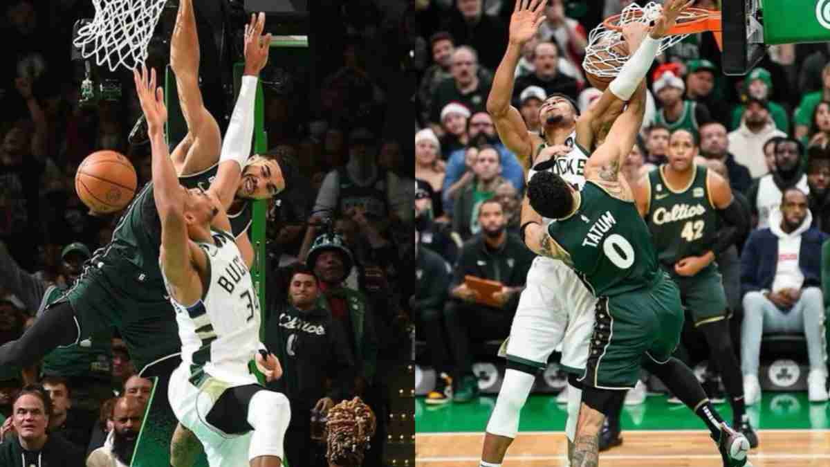 NBA Fans react to Jayson Tatum handing over MONSTROUS Christmas Day ‘Dunk-Poster’ to Giannis Antetokounmpo